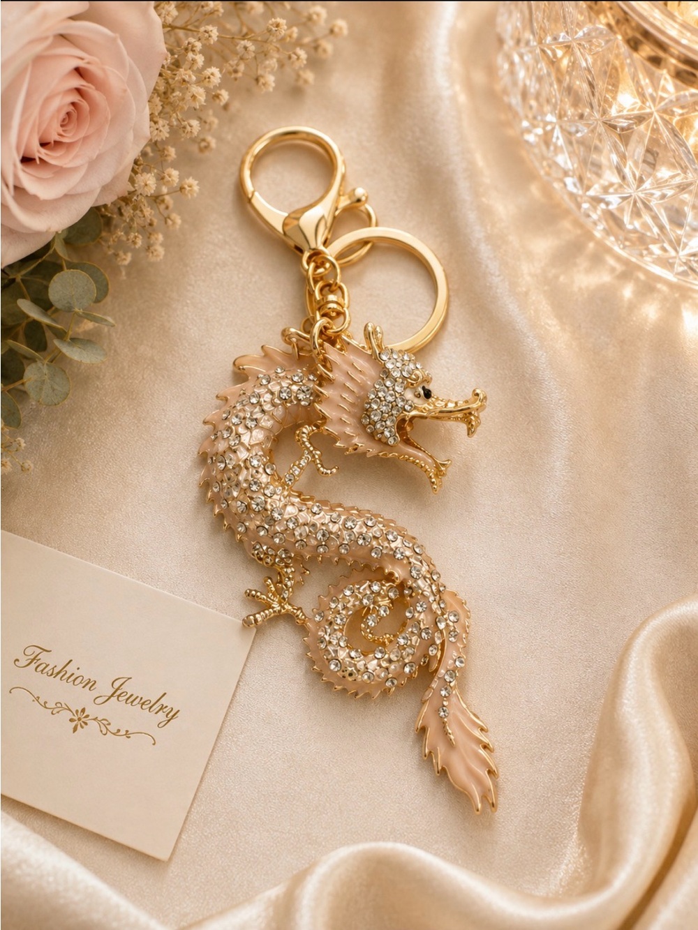 Rose Gold Dragon Keychain Charm with Rhinestones - Picture 1 of 2